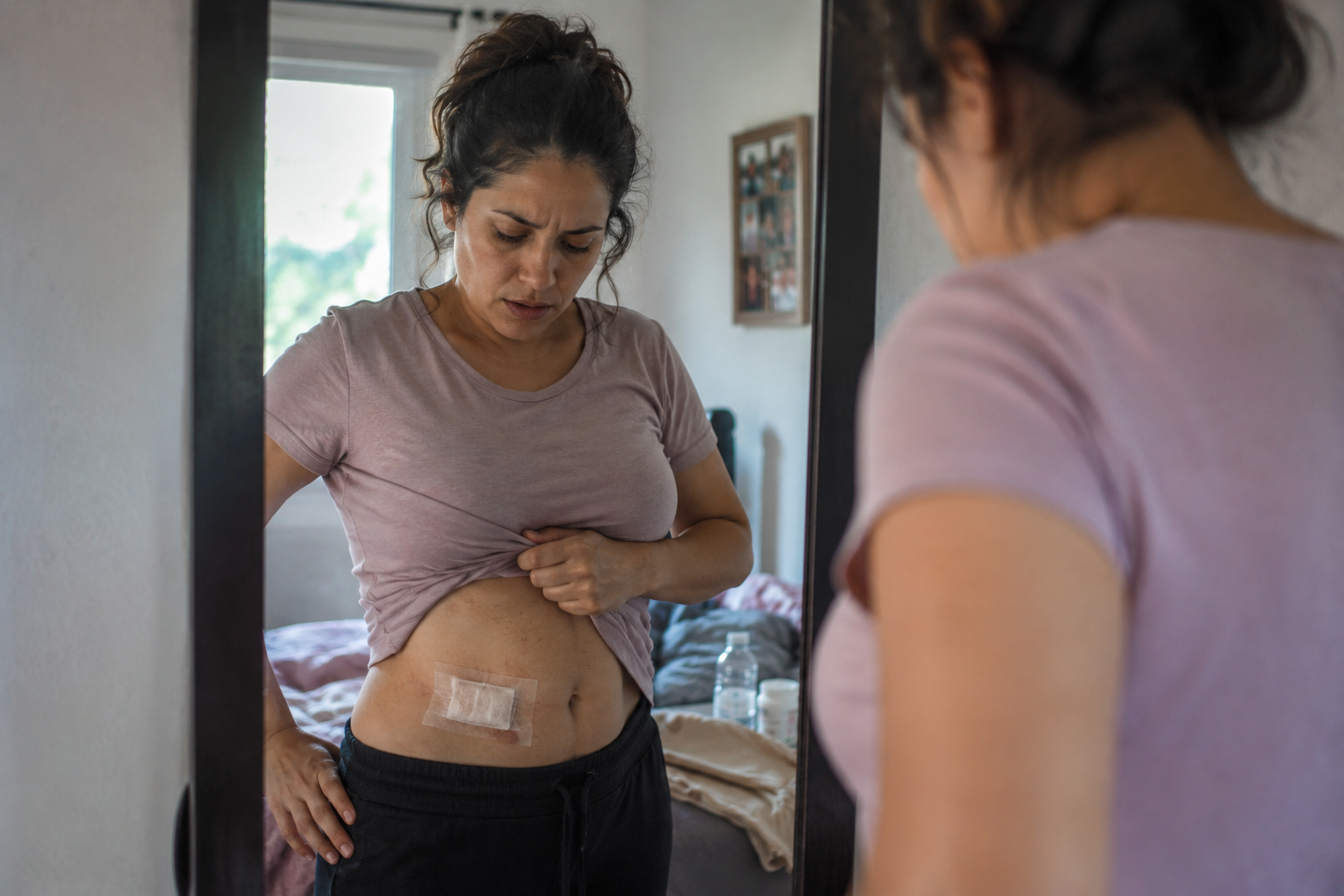 Mujer revisando su cicatriz en el espejo